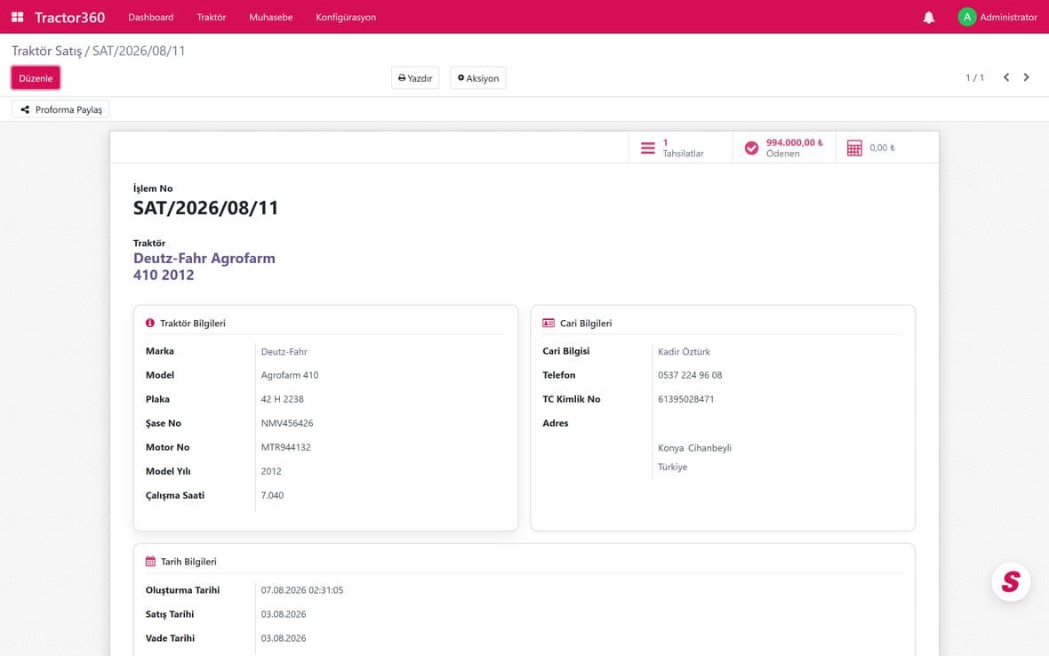 Tractor360 sale transaction screen with buyer, payments and remaining balance